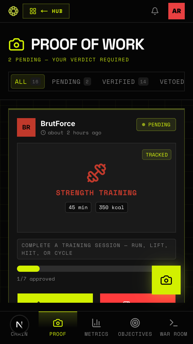 Proof feed showing submitted proofs and member voting